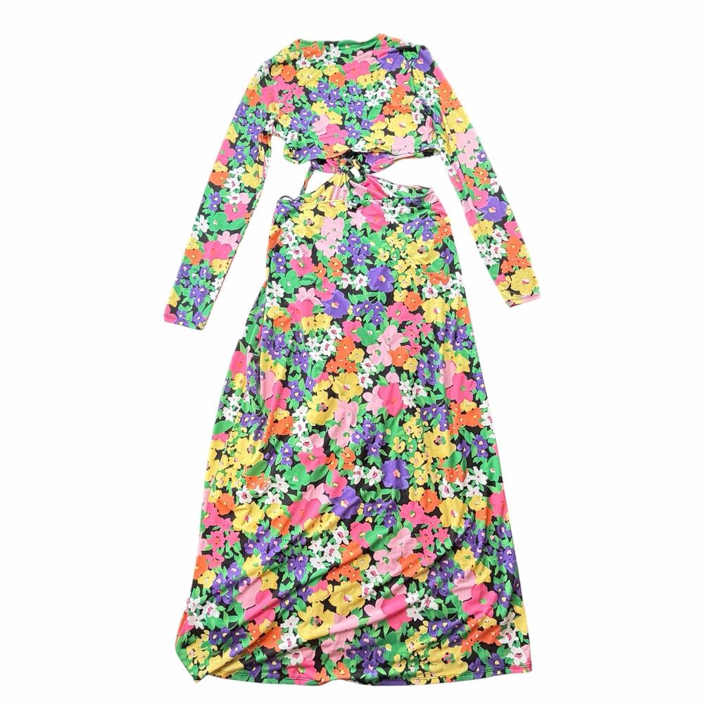 AFRM NEW Monique Neon Floral Cut Out V-neck Tie Front Long Sleeve Maxi Dress - Picture 9 of 12